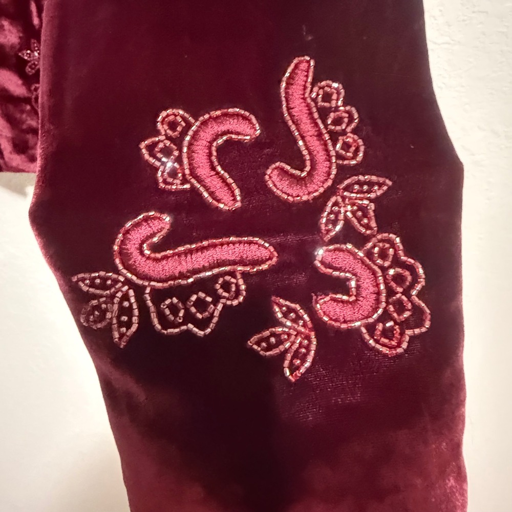 Bloomingdales‎ Womens Silk Blend Velvet Embroidered Beaded Jacket Burgundy Sz 14 - Picture 4 of 14